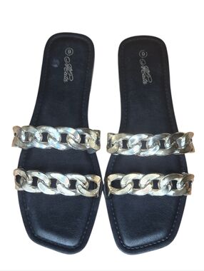 Alcata Womens Womens Black Gold Chain Link Double Strap Flat Slide Sandals 9